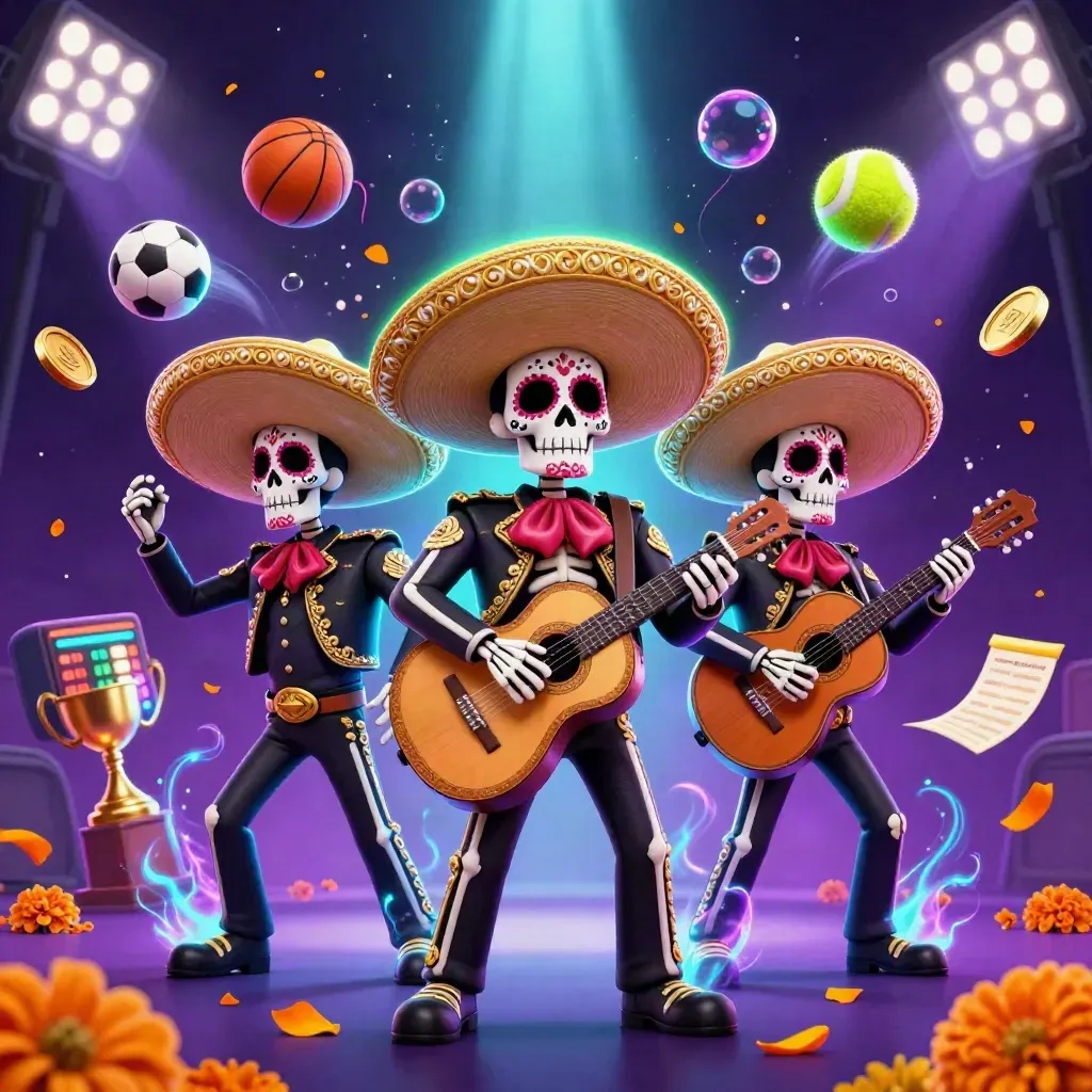Day-of-the-Dead skeleton mariachi trio with sports balls, trophy, coins, and neon casino glow