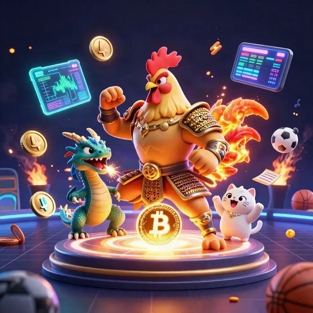 Rooster warrior, dragon hatchling, and lucky cat amid glowing crypto casino rewards