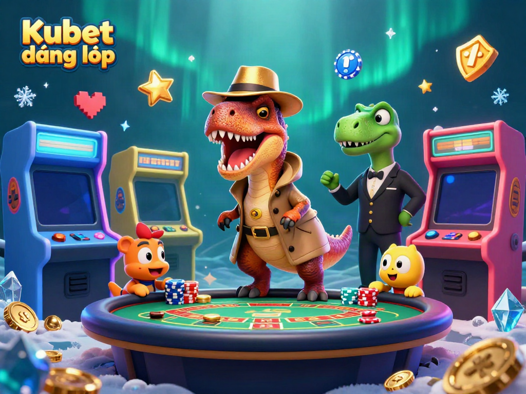Engage with Kubet đăng nhập at a lively casino scene featuring a clever velociraptor card counter.