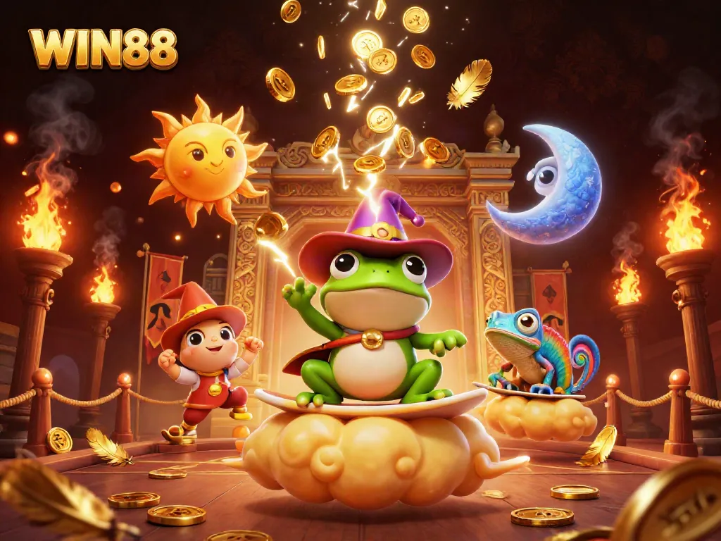 Experience the thrill of WIN88 with animated casino elements, vibrant characters, and a storm of golden coins.