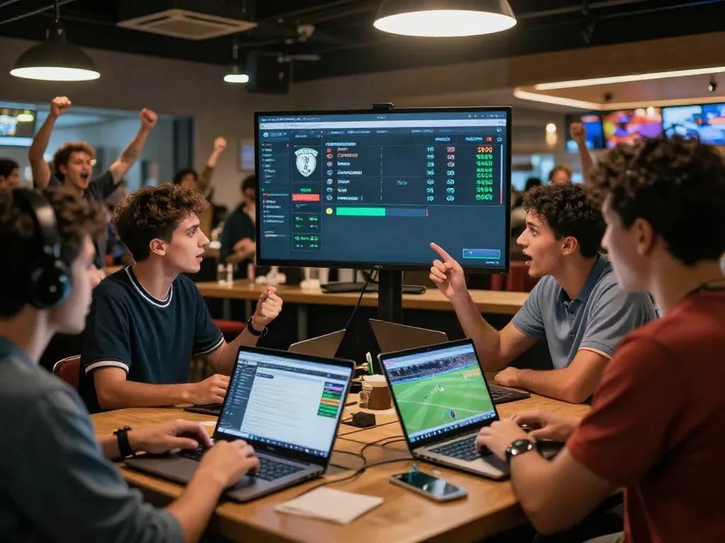 Enthusiastic bettors engaging with WWBOLA platform in vibrant sports lounge.