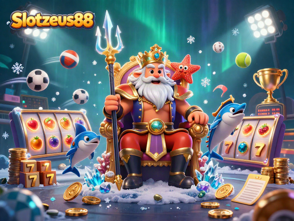 Experience the thrill of Slotzeus88 with Neptune and lucky symbols in a vibrant casino scene.