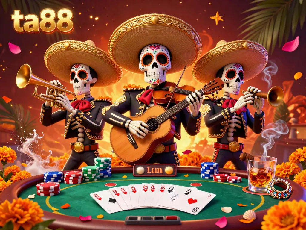 Experience fun poker games with ta88 in a lively scene featuring a mariachi band and vibrant poker elements.
