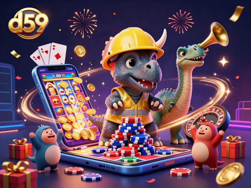 Experience exciting gaming at d59 with a lively triceratops and friends celebrating casino fun!