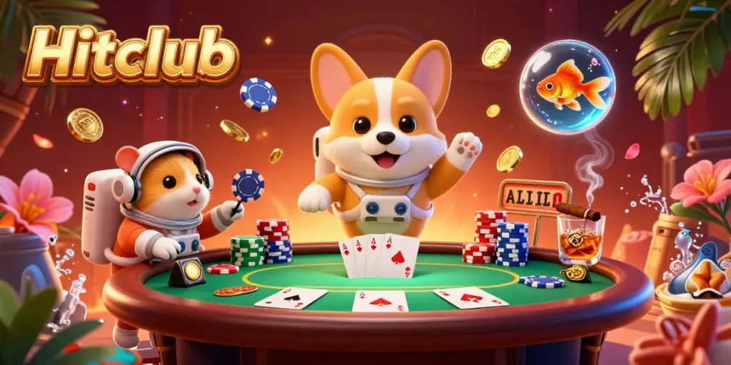 Experience thrilling gameplay at Hitclub with a floating corgi and vibrant poker elements in a space setting.