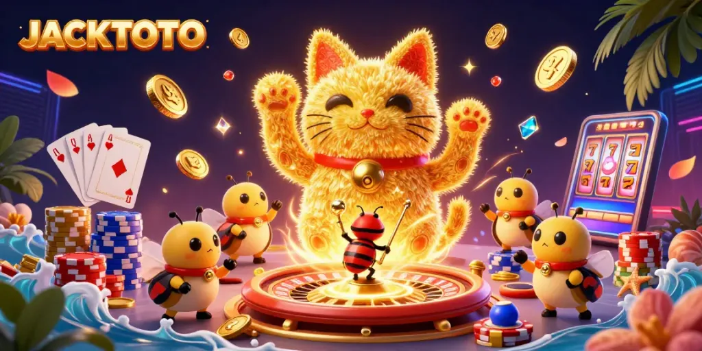 Experience the excitement of JACKTOTO as golden fireflies form a lucky cat amidst dazzling casino symbols.