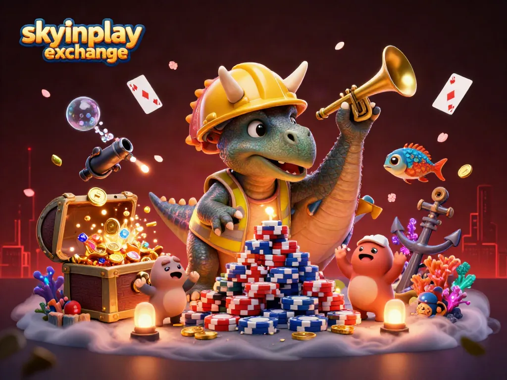 Engage with skyinplay exchange in this vibrant 3D illustration showcasing interactive gambling elements and playful characters.