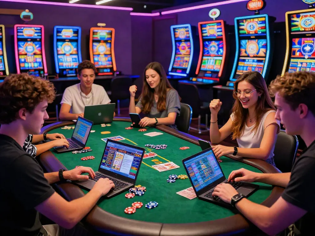 Akunjp vibrant online casino gaming scene with friends enjoying various games and colorful slot machines.