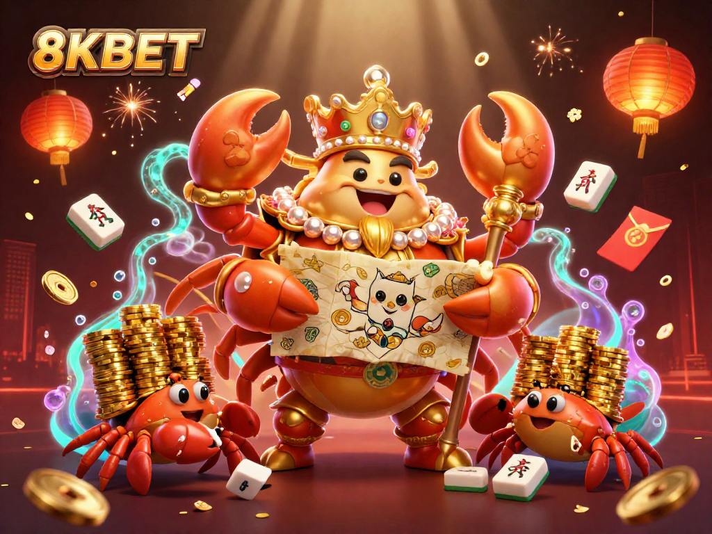 Experience the thrill of 8KBET with a vibrant, royal crab emperor amidst a treasure-rich atmosphere.