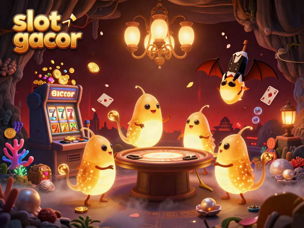 Experience slot gacor excitement in a vibrant cave casino lit by glowworms and animated elements.