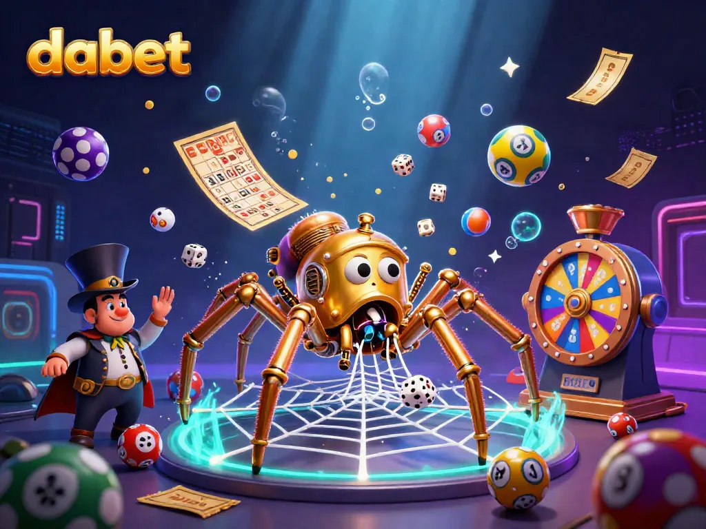 Dabet casino illustration showing a playful steampunk spider catching dice, surrounded by colorful lottery elements.