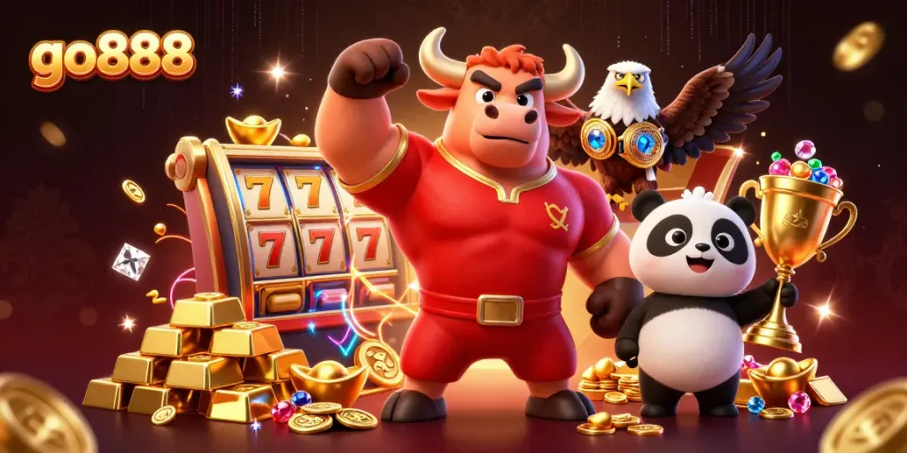 Win big with go888 in this dynamic casino illustration featuring vibrant characters and gaming elements.