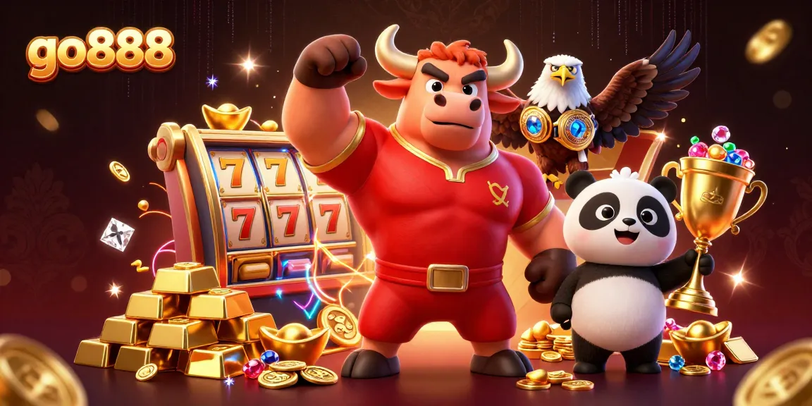 Win big with go888 in this dynamic casino illustration featuring vibrant characters and gaming elements.
