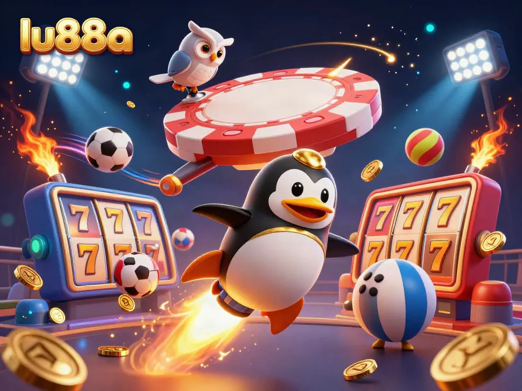Experience the excitement of lu88a with a dynamic scene featuring a golden penguin, casino elements, and vibrant action.