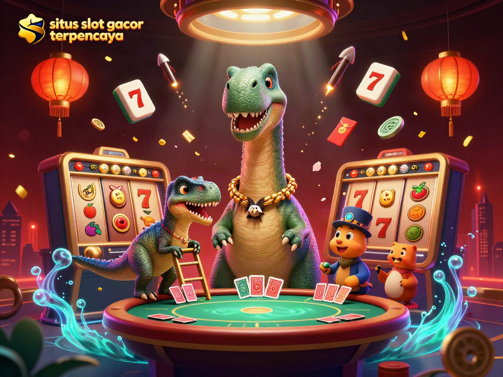 Engage in thrilling action at situs slot gacor terpercaya with a whimsical dinosaur-themed casino scene.