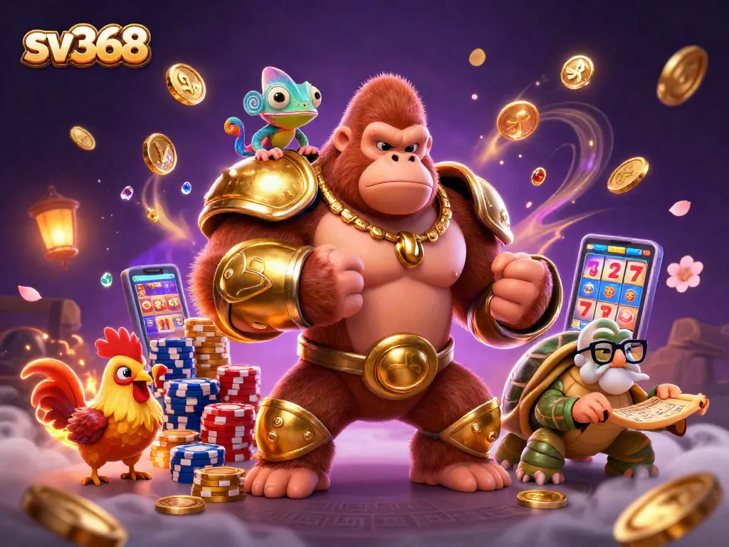 Experience action at sv368 with a dynamic scene of a powerful gorilla king and a chameleon in a rich casino environment.