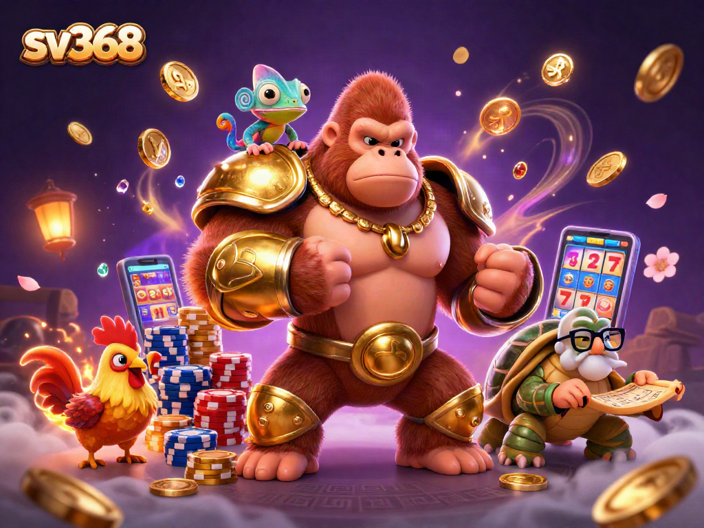 Experience action at sv368 with a dynamic scene of a powerful gorilla king and a chameleon in a rich casino environment.