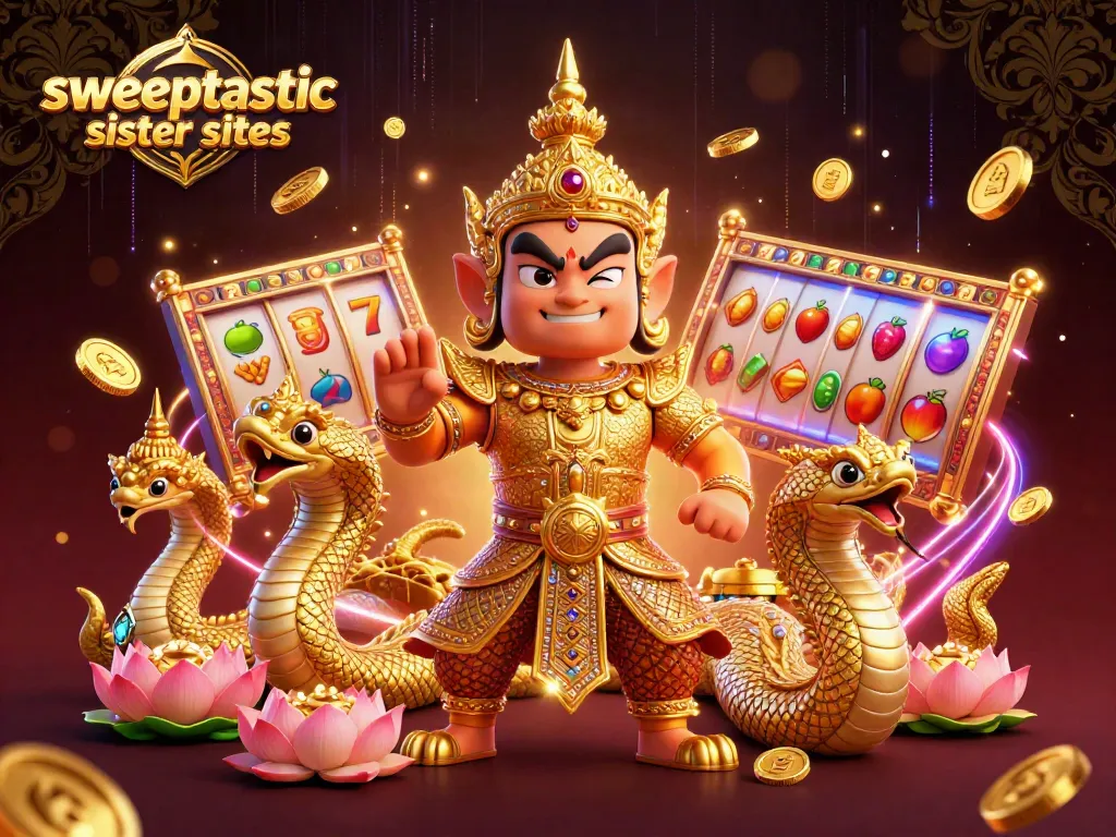 Sweeptastic sister sites showcase vibrant slot gaming elements like reels and jackpots.