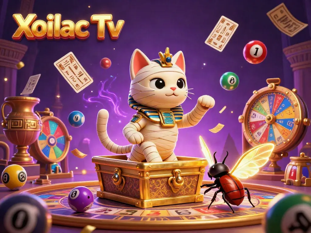 Xoilac Tv presents a stunning illustration of a cartoon mummy cat celebrating with vibrant lottery elements in a casino.