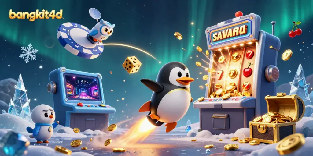 Mainkan bangkit4d dengan penguin emas meluncur di luar angkasa, meriah dengan koin dan jackpot.