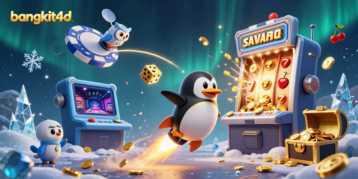 Mainkan bangkit4d dengan penguin emas meluncur di luar angkasa, meriah dengan koin dan jackpot.