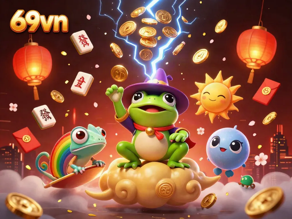 Experience thrilling jackpots at 69vn with an exciting visual of golden coins and unique gambling characters.