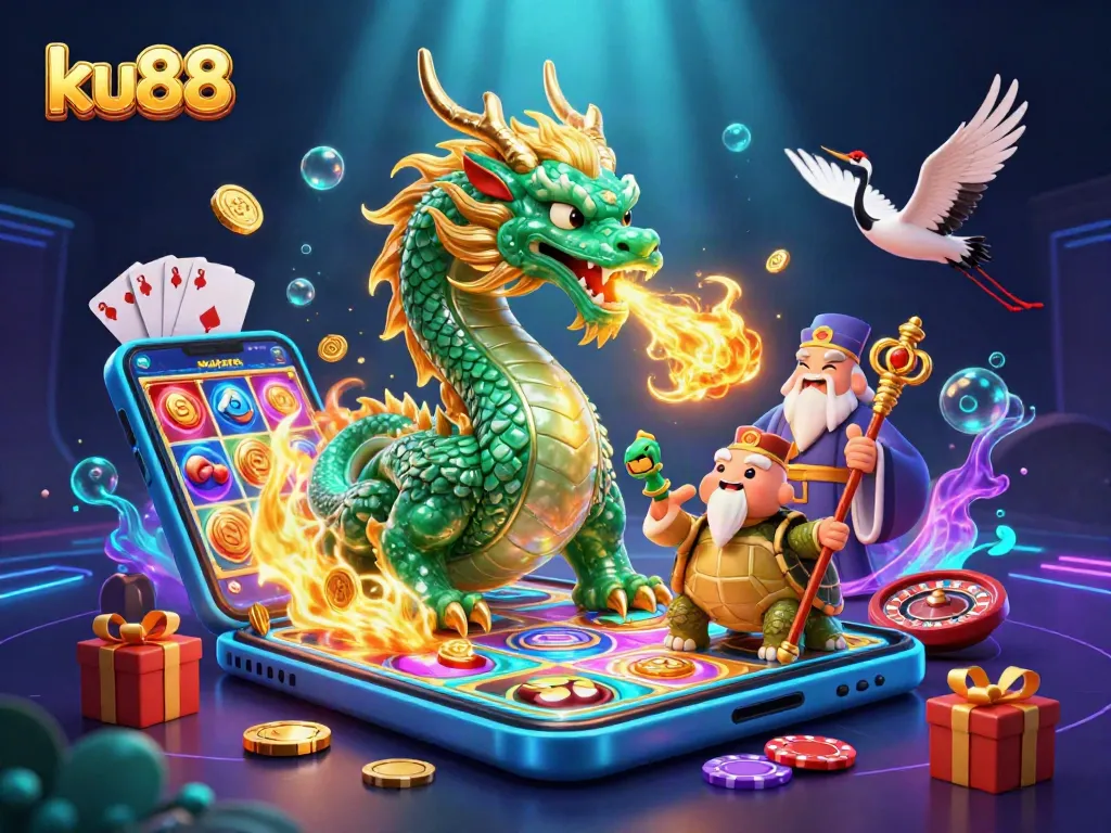 Play thrilling games at ku88 with a vibrant 3D casino scene featuring a dragon, turtle, and lucky cranes.