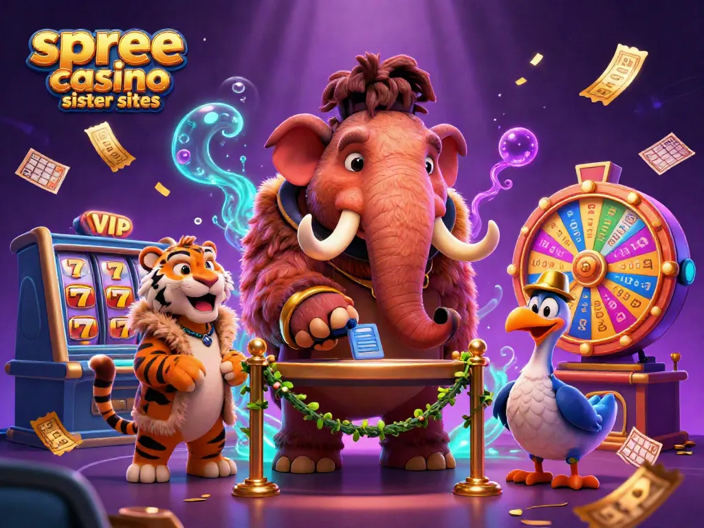 Explore spree casino sister sites with exciting slot games and dynamic prizes in a fantastical illustration.