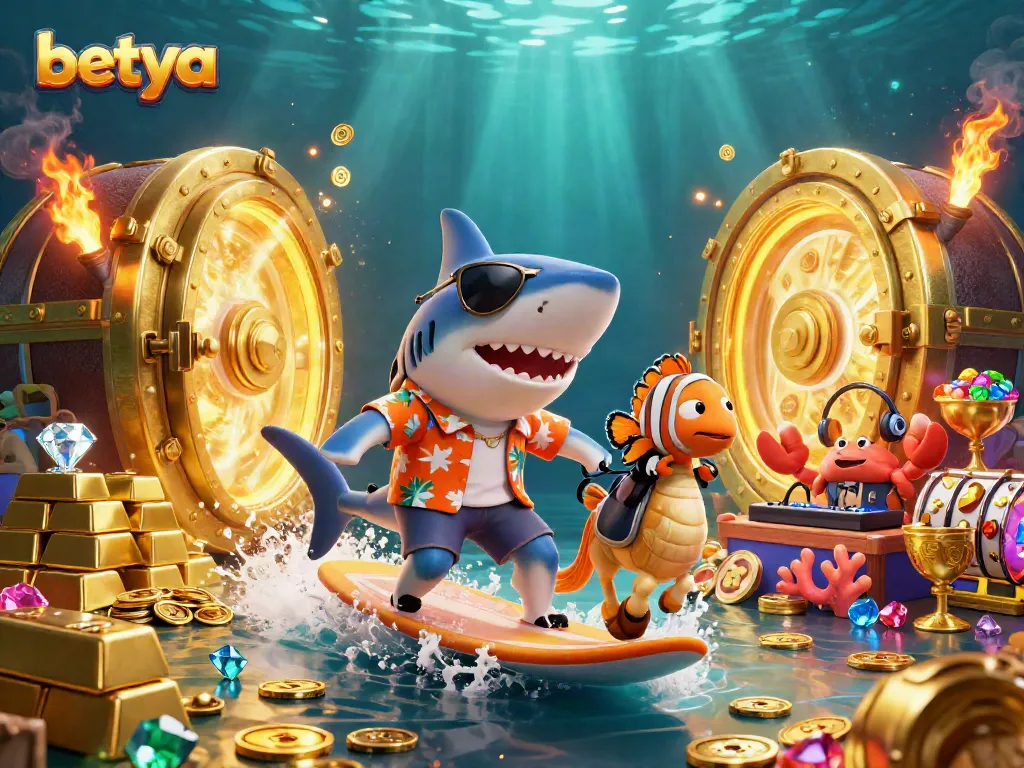Experience the excitement of Betya with a vibrant 3D illustration of a shark surfing on gold coins amidst casino elements.