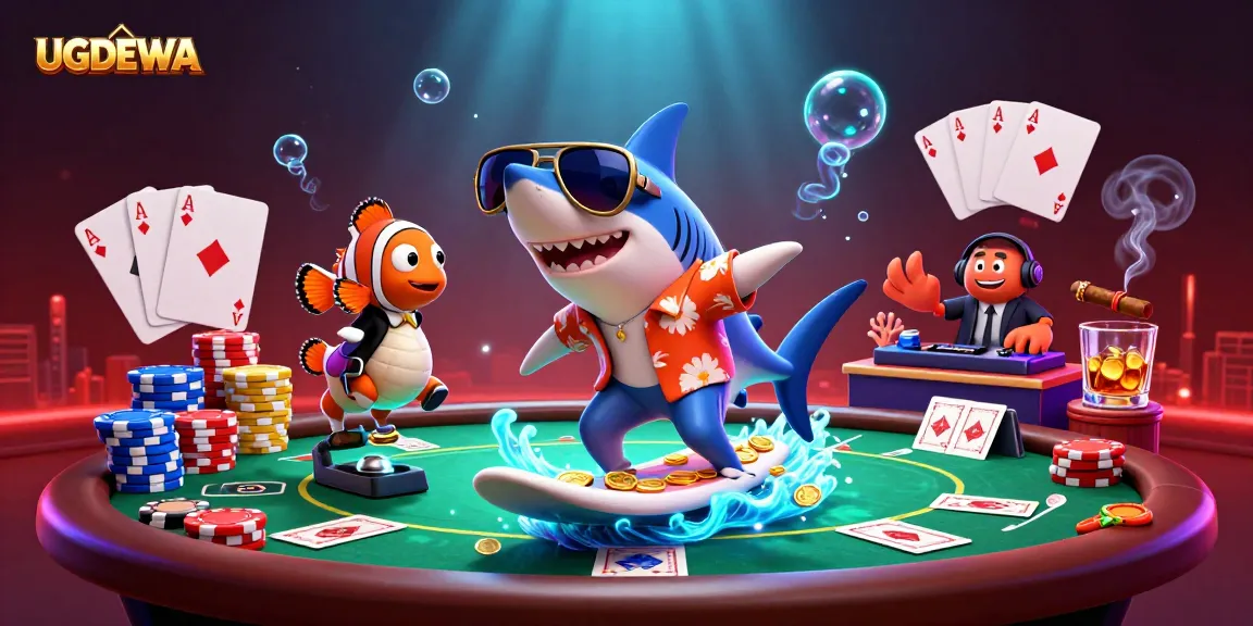 Engage with UGDEWA's vibrant casino scene featuring a shark surfing on gold coins.