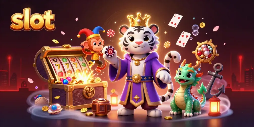 Spin the slot with excitement featuring a cartoon white tiger and playful monkey in a vibrant casino scene.