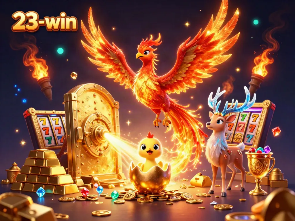 Experience thrilling gaming with 23-win as a fire phoenix soars amidst gold treasures and slot game elements.