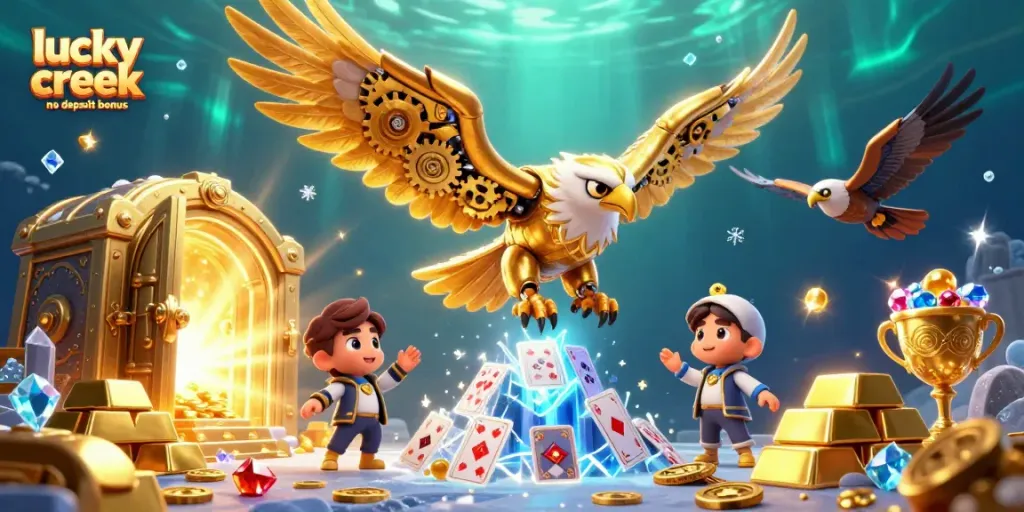 Engage with the lucky creek no deposit bonus, featuring a cybernetic eagle diving through holographic cards.