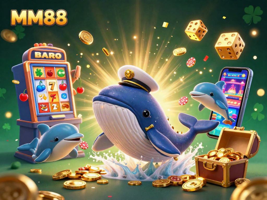 Engage with thrilling MM88 gaming visuals featuring a cartoon whale, coins, and poker chips!