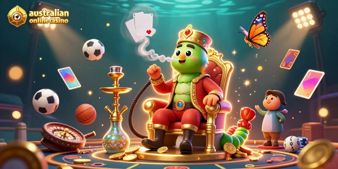 Engage in the thrilling atmosphere of an australian online casino, featuring a whimsical caterpillar master and dynamic gaming elements.