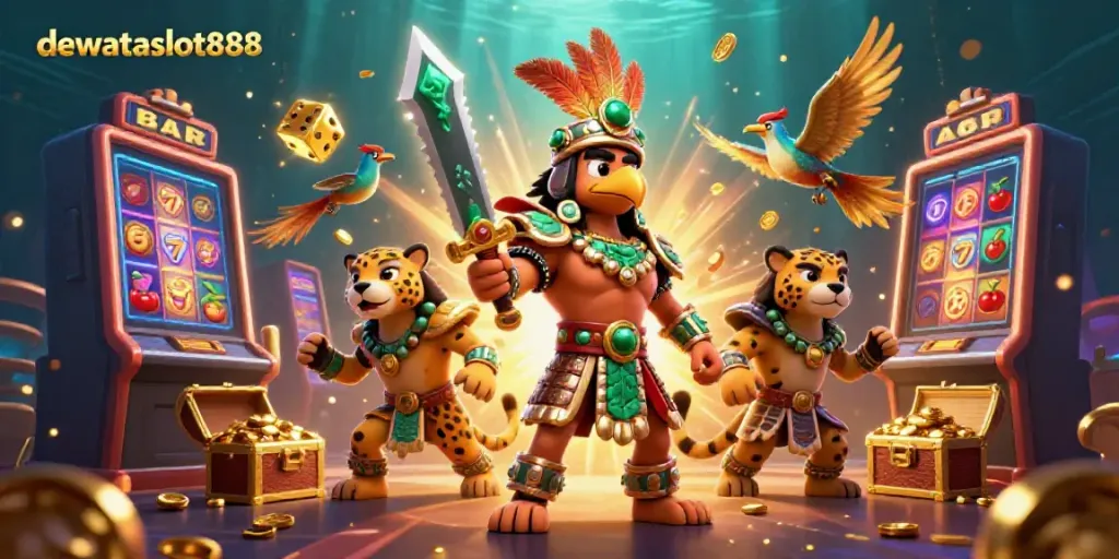 Menangkan jackpot di dewataslot888 dengan ilustrasi kasino 3D yang menampilkan pahlawan Aztec dan slot yang mengagumkan.