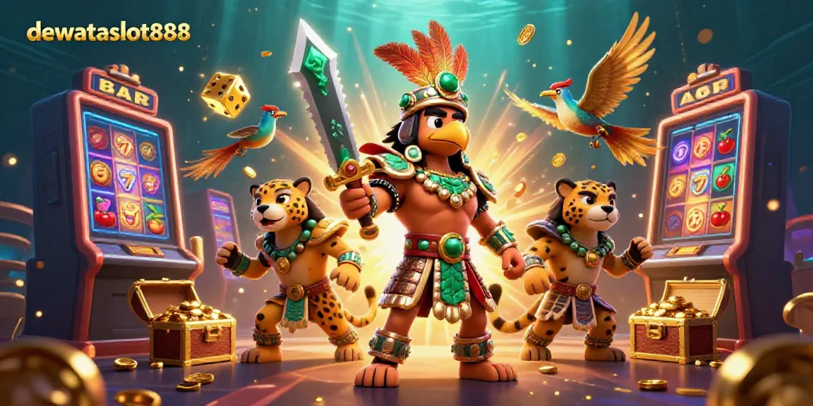 Menangkan jackpot di dewataslot888 dengan ilustrasi kasino 3D yang menampilkan pahlawan Aztec dan slot yang mengagumkan.