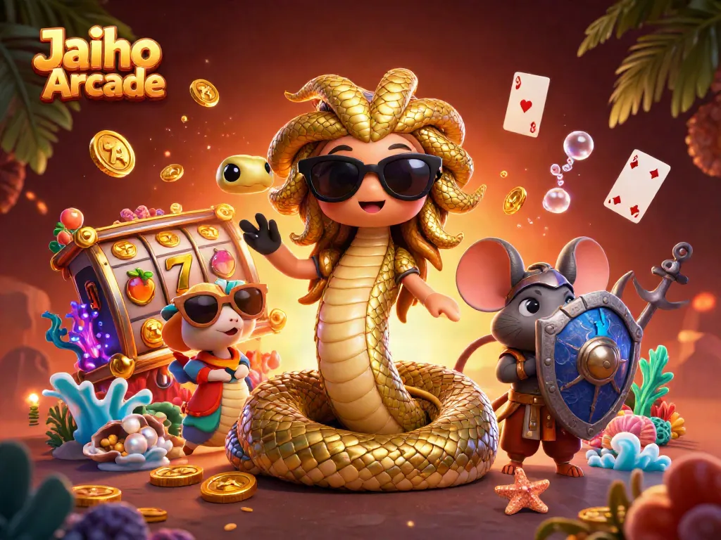 Winning spins at Jaiho Arcade with Medusa and a warrior, showcasing vibrant slot elements and gold coins.