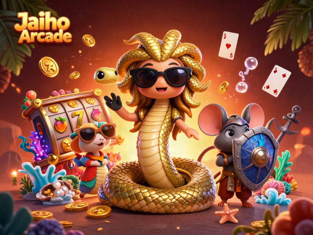 Winning spins at Jaiho Arcade with Medusa and a warrior, showcasing vibrant slot elements and gold coins.