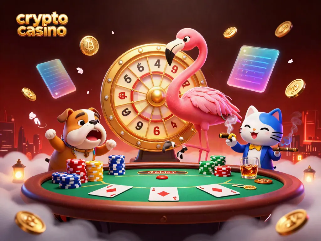 Engage in the exciting world of a crypto casino with an animated flamingo host, vibrant poker scene and digital coins.