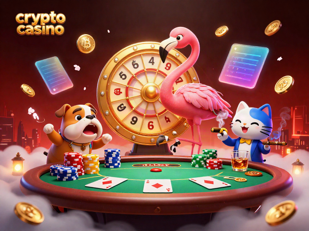 Engage in the exciting world of a crypto casino with an animated flamingo host, vibrant poker scene and digital coins.