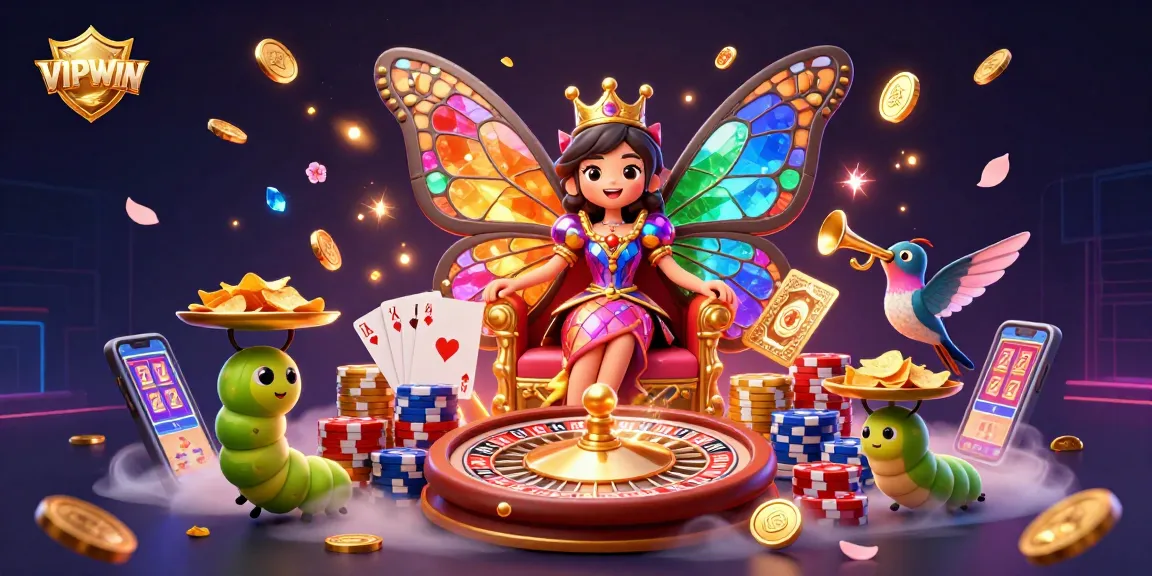 Engage with VIPWIN's vibrant casino experience featuring a butterfly queen surrounded by gaming elements.