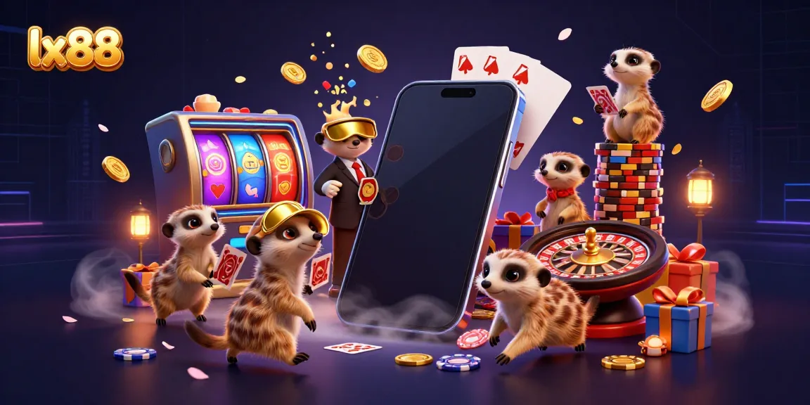 Experience the vibrant lx88 casino world with lively meerkats, games, and coins bursting in a rich 3D scene.