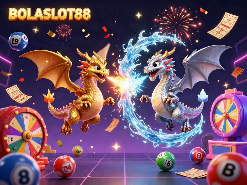 BOLASLOT88 features a dynamic scene with gold and silver dragons amidst colorful gambling elements like lottery balls, bingo cards, and more.