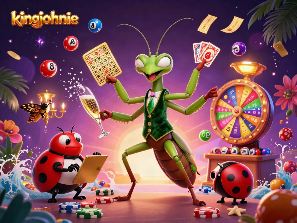 Immerse in kingjohnnie's casino energy with a whimsical 3D scene featuring vibrant games and characters.