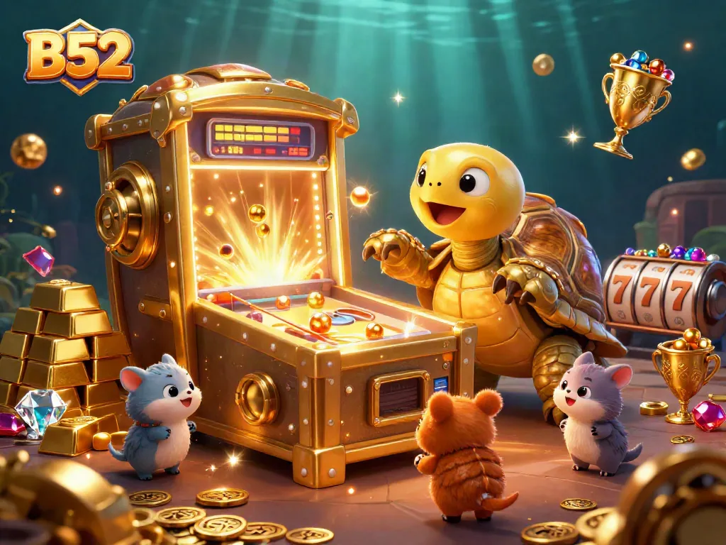 Experience the excitement of B52 with a colossal tortoise-themed pinball machine in a vibrant casino setting.