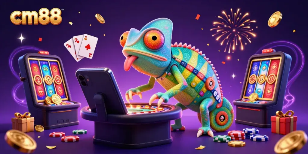 Experience cm88 thrills with a vibrant 3D chameleon casino owner hunting for golden coins amid gaming excitement.