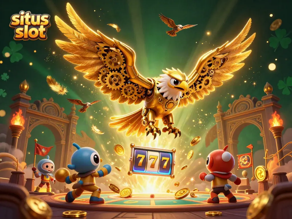 Permainan situs slot yang menggugah selera, menampilkan elang emas mekanik terbang melalui gulungan slot dengan simbol keberuntungan 7 dan koin emas.