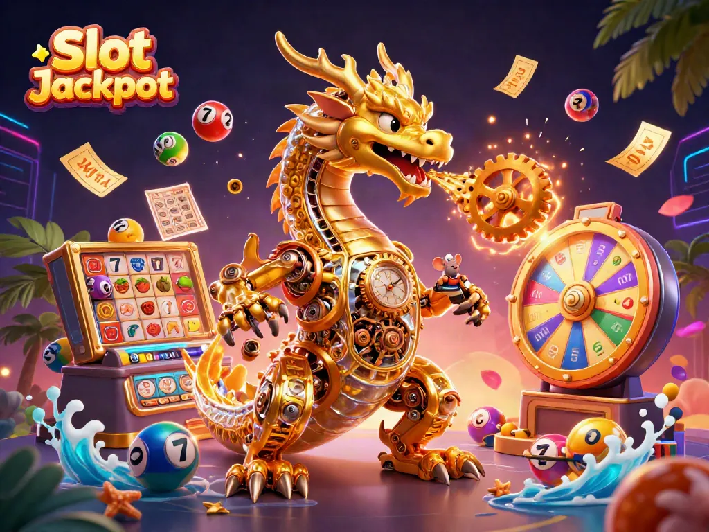 Experience the charm of Slot Jackpot with vibrant slots, golden reels, and a magical dragon.