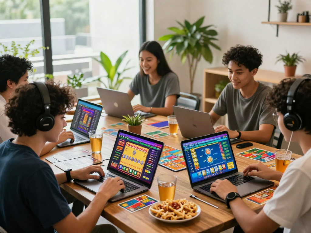 Engaging online gaming scene with diverse players enjoying situs togel games in a vibrant and lively atmosphere.